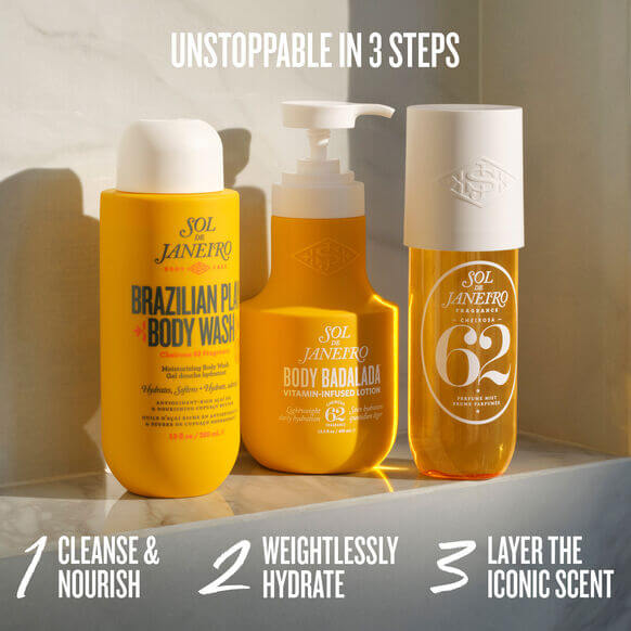 Sol de Janeiro skincare products, including Brazilian Body Wash and Body Badalada Lotion for silky hydration.