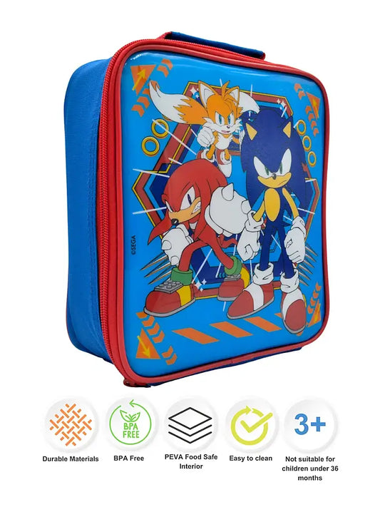 Sonic Lunch Bag featuring Sonic, Tails, and Knuckles with durable materials and wipe-clean interior.