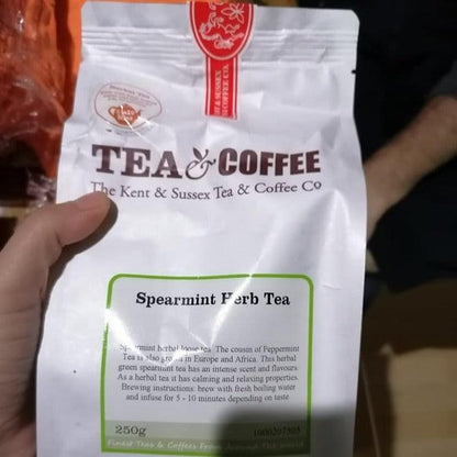 Bag of Spearmint Herb Tea from Kent and Sussex Tea & Coffee, showcasing refreshing herbal infusion.