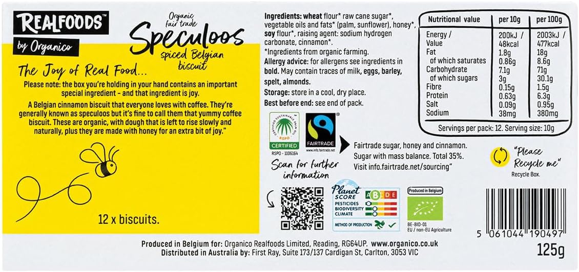 Speculoos Biscuit - Belgian Cinnamon Coffee with Honey 125g packaging showcasing ingredients and nutritional info.