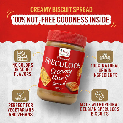 Speculoos Creamy Biscuit Spread 400g jar highlighting 100% nut-free and vegan ingredients.