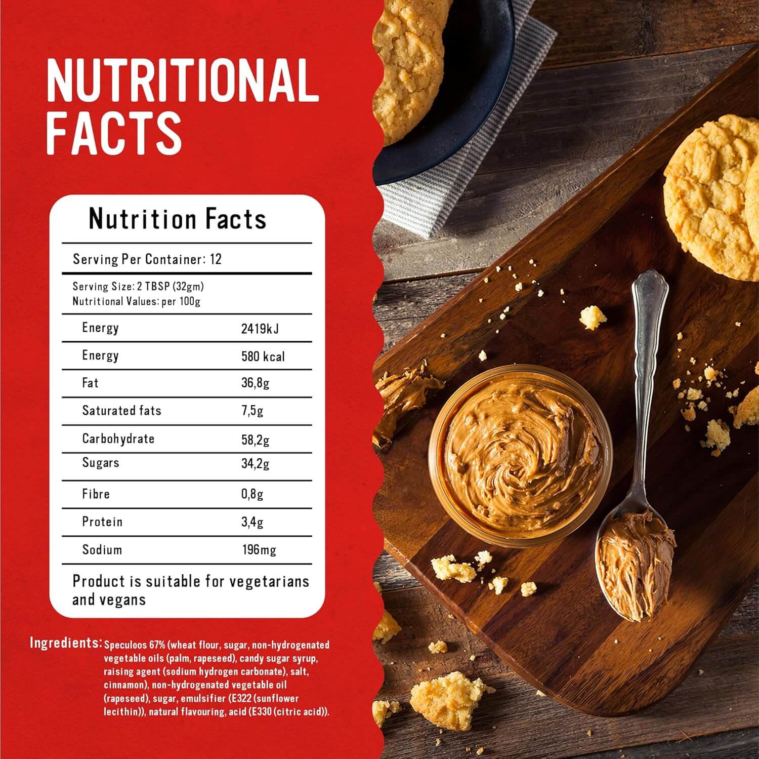 Nutritional facts of Speculoos Creamy Biscuit Spread 400g with creamy spread and cookies