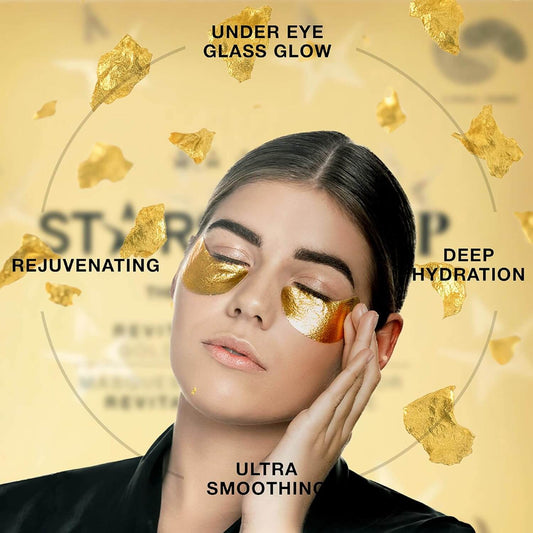 Woman wearing STARSKIN gold eye masks with text on a gold background