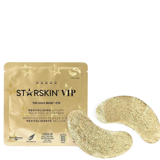 STARSKIN The Gold Eye Mask packaging with gold foil eye masks for rejuvenating under-eye treatment.