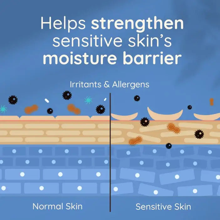 Diagram comparing normal skin and sensitive skin with text about moisture barrier strength.