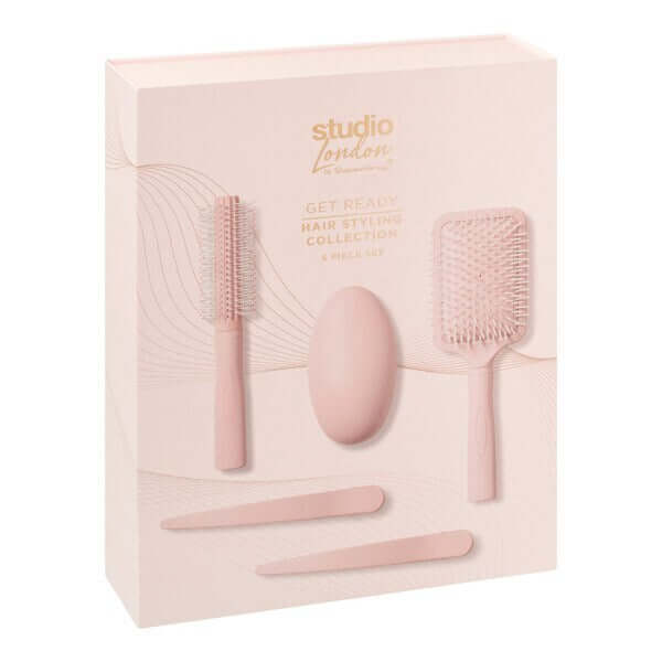Studio London 5 piece Hair Styling Collection box with brushes and styling tools in elegant pink design