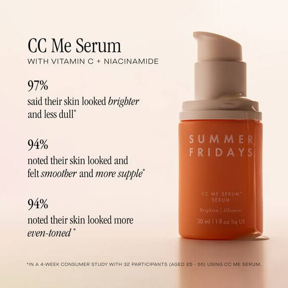 Summer Fridays CC Me Serum with vitamin C and niacinamide, promoting brighter and smoother skin in 30ml bottle.