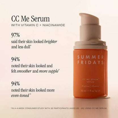 Summer Fridays CC Me Serum with vitamin C and niacinamide, promoting brighter and smoother skin in 30ml bottle.