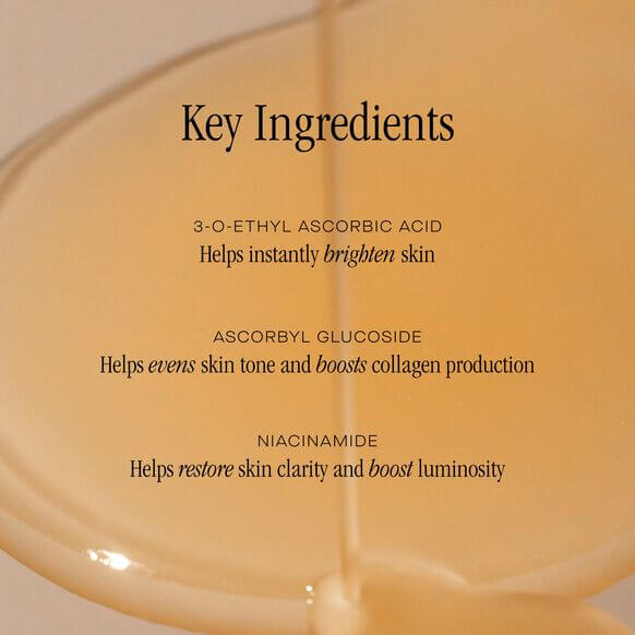 Key ingredients of Summer Fridays CC Me Serum: 3-O-Ethyl Ascorbic Acid, Ascorbyl Glucoside, and Niacinamide for radiant skin.