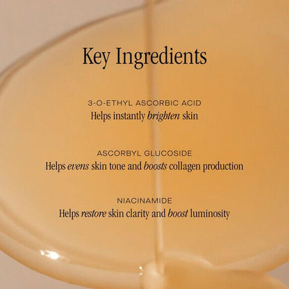 Key ingredients of Summer Fridays CC Me Serum: 3-O-Ethyl Ascorbic Acid, Ascorbyl Glucoside, and Niacinamide for radiant skin.