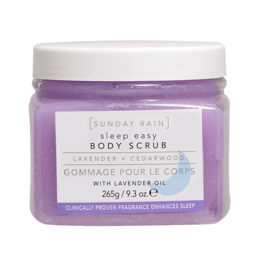 SUNDAY RAIN Body Scrub Lavender Cedarwood 265g, vegan body exfoliant for soft, glowing skin and enhanced sleep.
