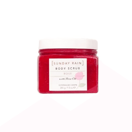 SUNDAY RAIN Body Scrub - Rose 265g jar featuring a vibrant red scrub with soothing rose oil for soft, glowing skin.