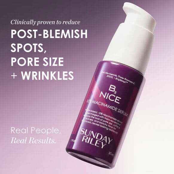 Sunday Riley B3 Nice 10% Niacinamide Serum reduces blemishes, pore size, and wrinkles for healthier skin.