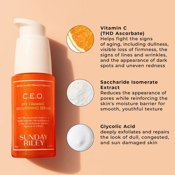 Sunday Riley C.E.O. 15% Vitamin C Brightening Serum with product details on a peach background