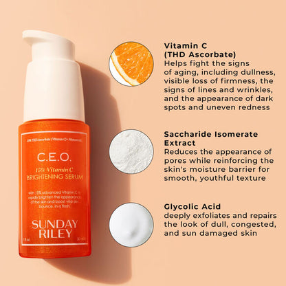 Sunday Riley C.E.O. 15% Vitamin C Brightening Serum with product details on a peach background