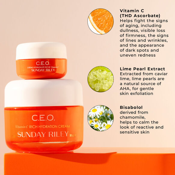 Two jars of Sunday Riley C.E.O. Vitamin C Rich Hydration Cream on a peach background with product details.