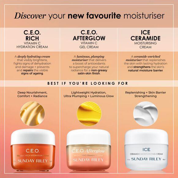 Comparison of Sunday Riley moisturizers: C.E.O. Rich, C.E.O. Afterglow, and ICE Ceramide Cream for skin nourishment.