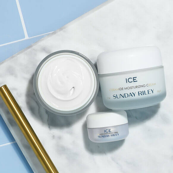 Sunday Riley ICE Ceramide Moisturizing Cream, luxurious hydration for youthful skin in 8g jar and mini size.