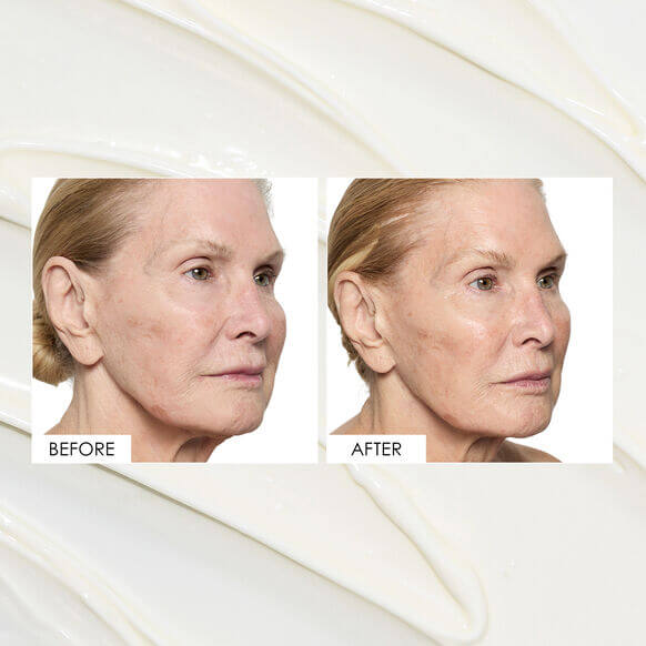 Before and after results showing rejuvenated skin with Sunday Riley ICE Ceramide Moisturizing Cream.