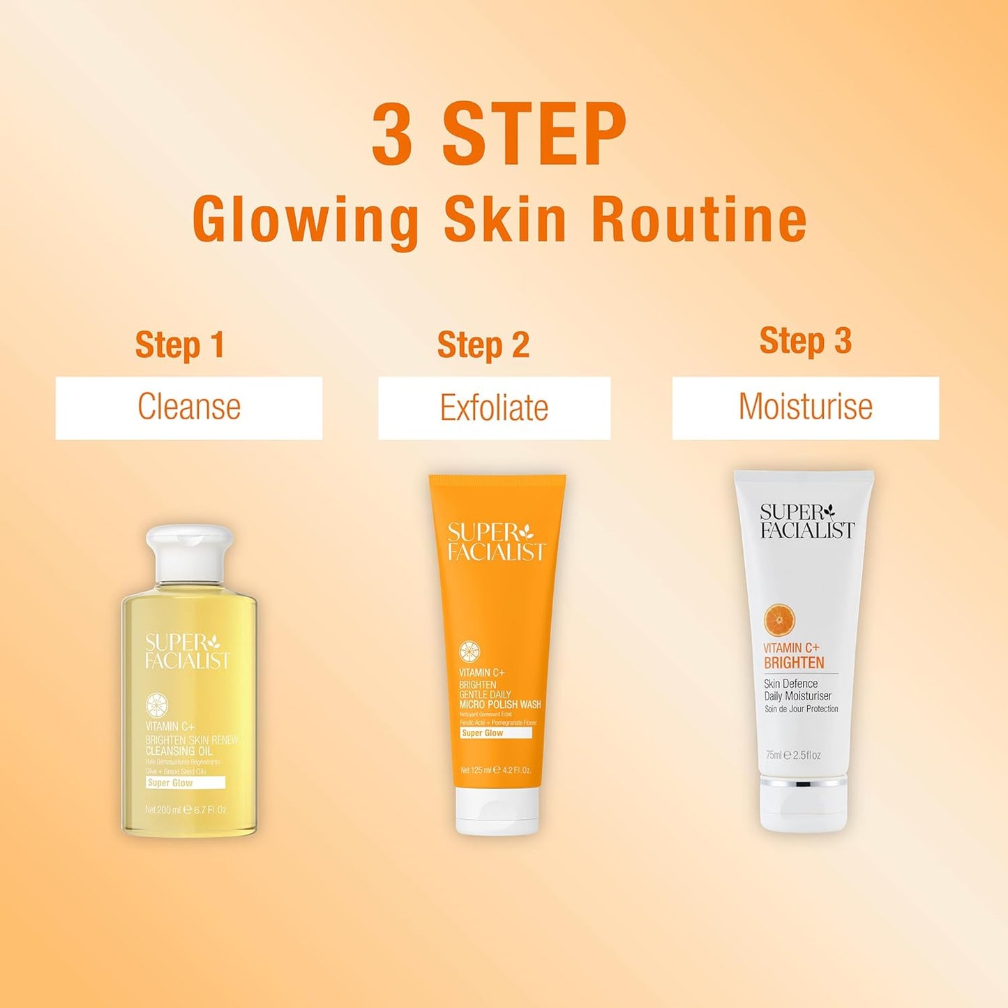 Three Superfacialist  skincare products with labels for a 3-step glowing skin routine on an orange background.