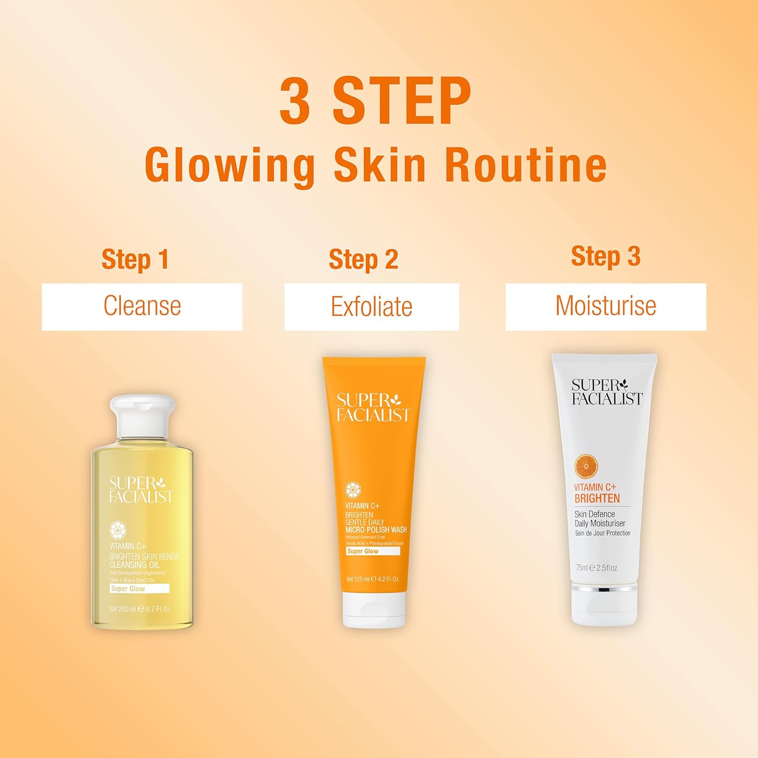 Three Superfacialist  skincare products with labels for a 3-step glowing skin routine on an orange background.
