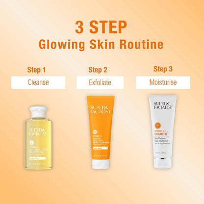 Three Superfacialist  skincare products with labels for a 3-step glowing skin routine on an orange background.