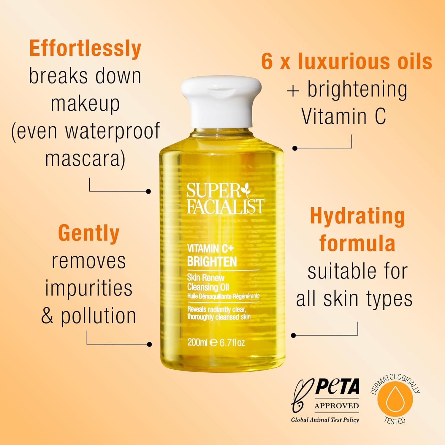 Superfacialist  Vitamin C+ Brighten Skin Renewal Cleansing Oil with product details on an orange background