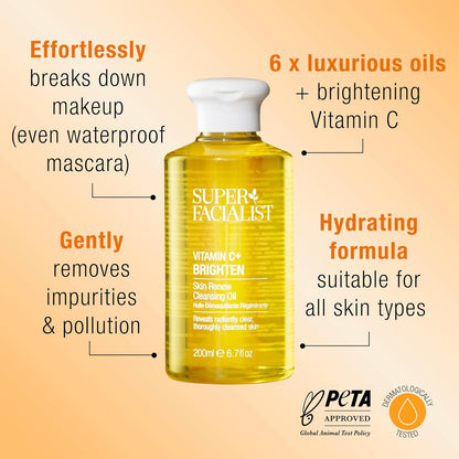 Superfacialist  Vitamin C+ Brighten Skin Renewal Cleansing Oil with product details on an orange background