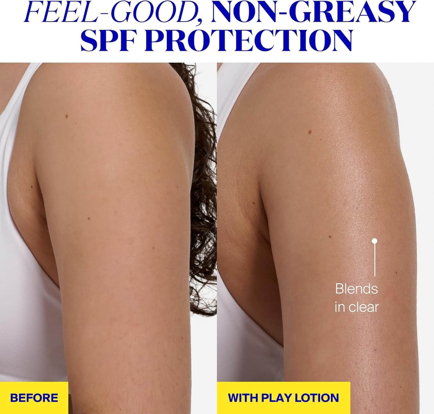Before and after comparison of Supergoop sunscreen application on a person's arm with text about feel-good, non-greasy SPF protection.