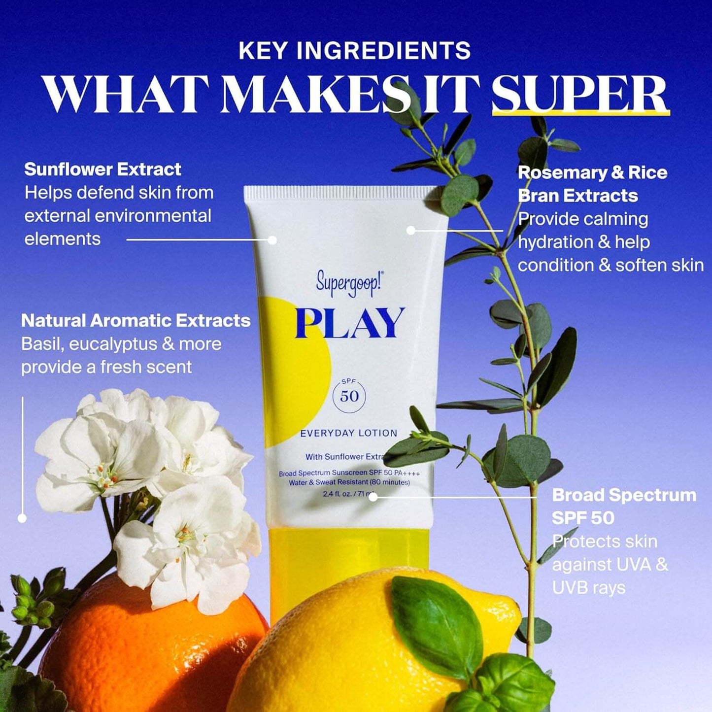 Supergoop! PLAY sunscreen lotion with key ingredients highlighted on a blue background