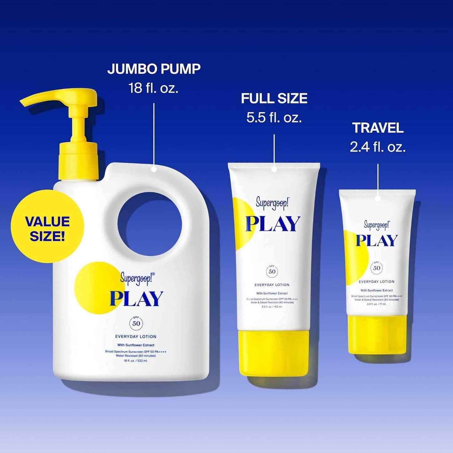 Supergoop! Play sunscreen lotion packaging with size labels on a blue background