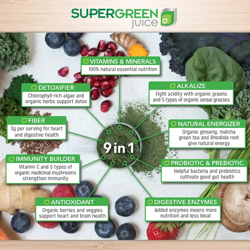 Touchstone Essentials: Nourishing Super Green Juice infographic showcasing 9 health benefits including detox, fiber, vitamins, and antioxidants.