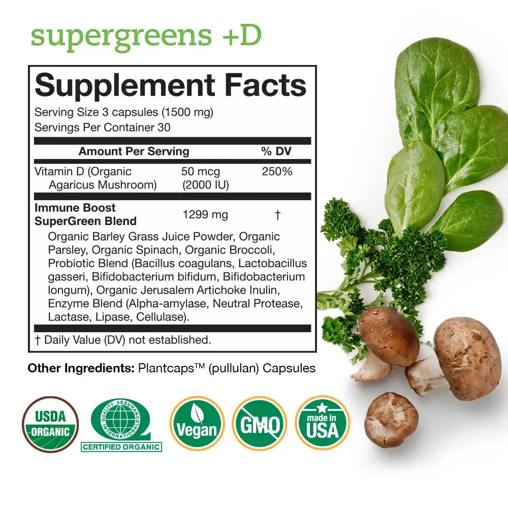 Supplement facts of Touchstone Essentials Supergreens +D with organic ingredients for gut health.