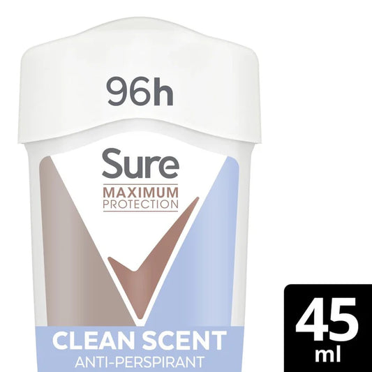 Sure anti-perspirant stick with '96h' and '45ml' text on a white background