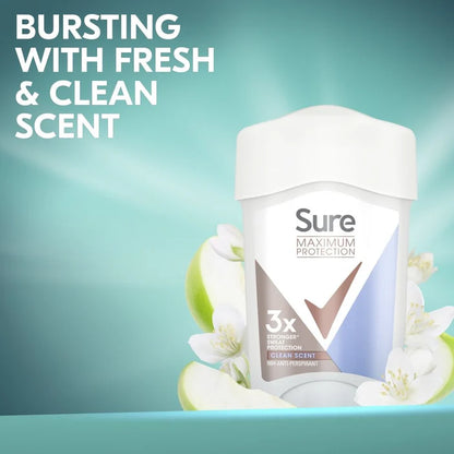 Sure deodorant stick with flowers on a teal background, text 'Bursting with fresh & clean scent'.