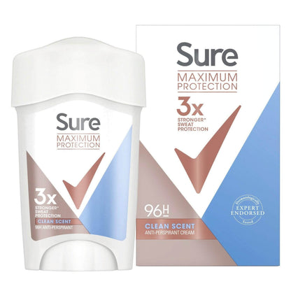 Sure Maximum Protection Anti-Perspirant Deodorant 45ml with Clean Scent, offering 3x sweat protection in a cream-stick format.