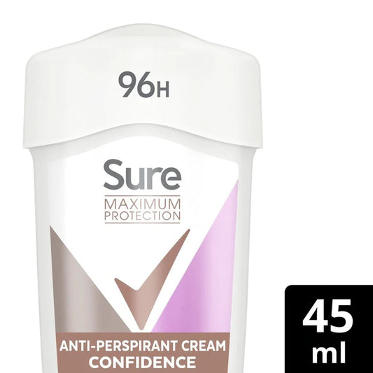 Sure anti-perspirant cream container with 96-hour protection and 45ml indication on a white background