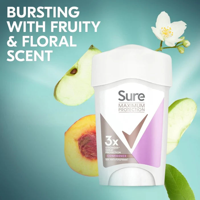 Sure deodorant stick with fruit and flower elements on a light blue background