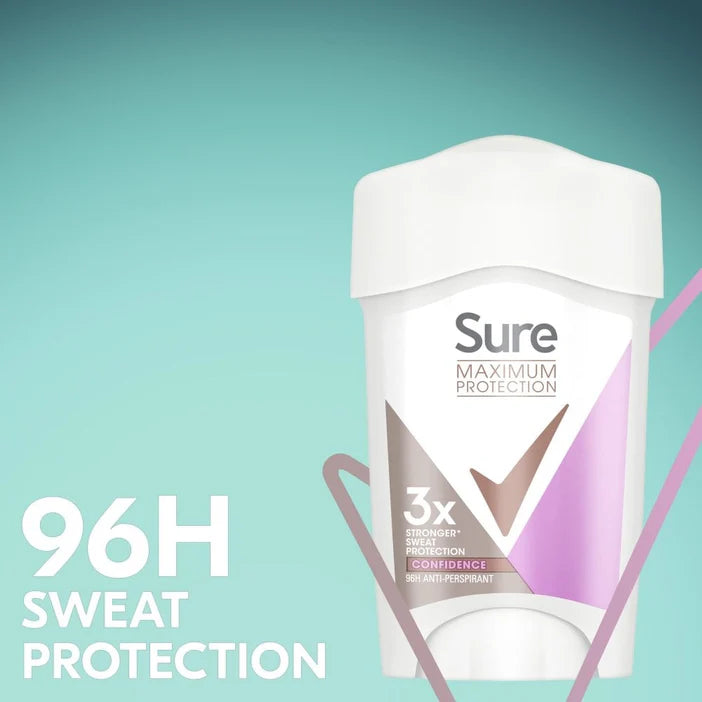 Sure deodorant container with '96H sweat protection' text on a teal background