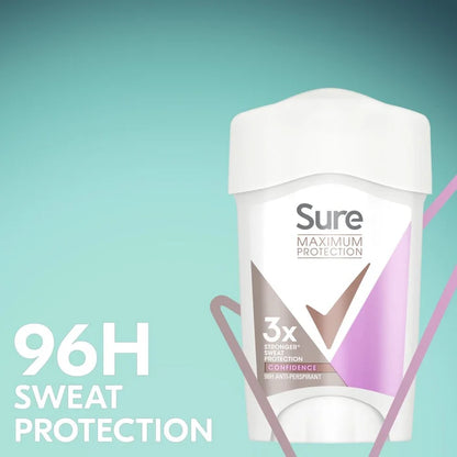 Sure deodorant container with '96H sweat protection' text on a teal background