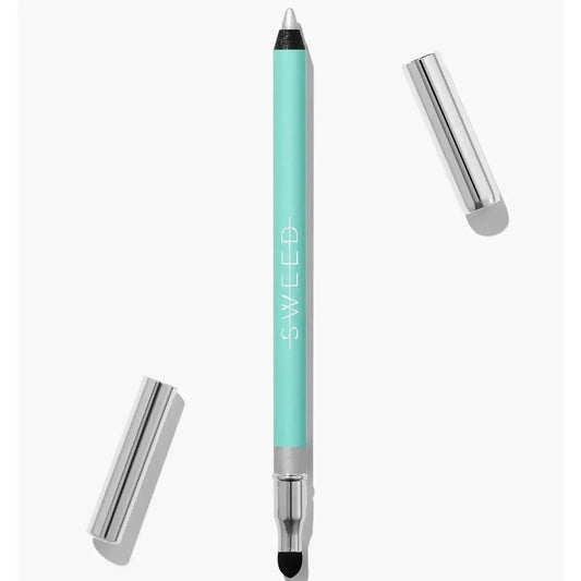 Sweed Satin Euphoria Silver Eyeliner with cap removed, showcasing its gel-based formula and water-resistant design.