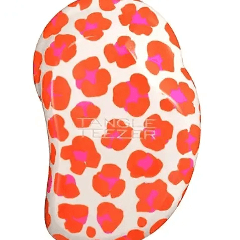 Tangle Teezer Original Mini hairbrush in orange with pink leopard print design, ideal for detangling wet or dry hair.