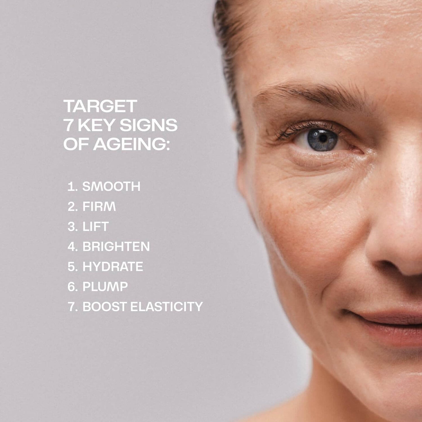 Woman's face with text listing 7 key signs of ageing on a gray background Lumene