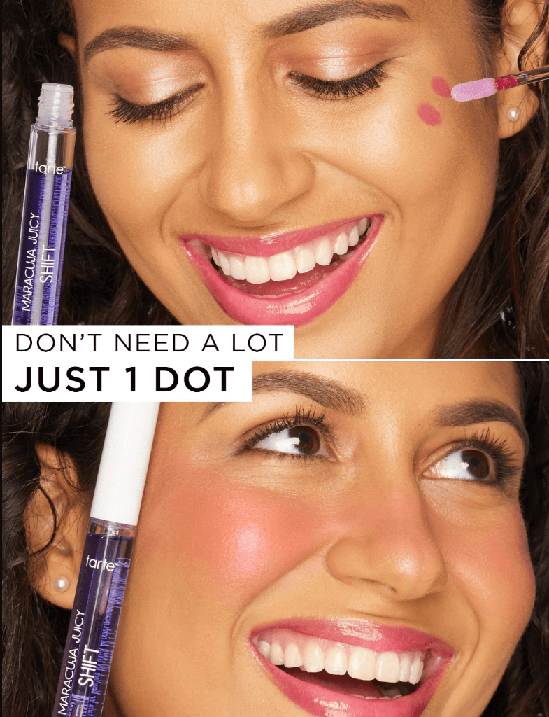Model applying Tarte Maracuja Juicy Lip & Cheek Shift in Blueberry, showcasing its vibrant color transformation.