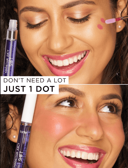 Model applying Tarte Maracuja Juicy Lip & Cheek Shift in Blueberry, showcasing its vibrant color transformation.