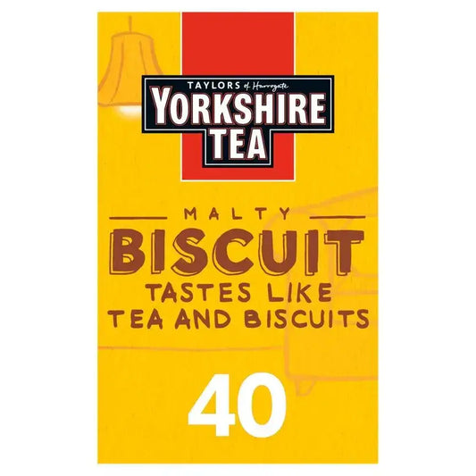 Taylors of Harrogate Yorkshire Tea Biscuit Brew packaging featuring the text Malty Biscuit, tastes like tea and biscuits, 40 bags.