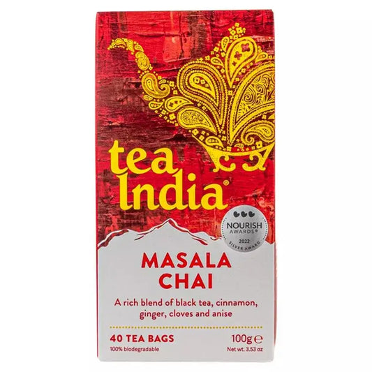 Tea India Masala Chai 40 tea bags packaging, featuring a blend of aromatic spices and Assam black tea, 100g.