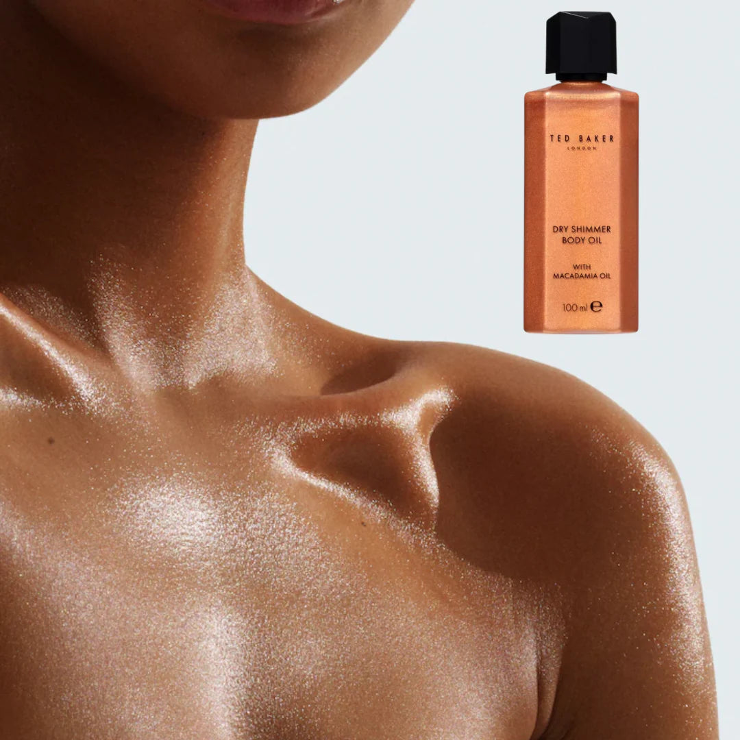 Ted Baker Body oil bottle with a person's shoulder and chest in the background