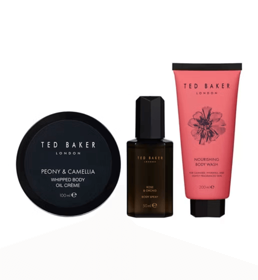 Ted Baker Floral Retreat travel set featuring Peony & Camellia Whipped Body Oil Crème, Rose & Ocho Body Spray, Nourishing Body Wash.