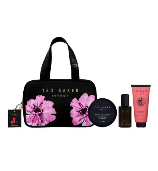 Ted Baker Floral Retreat travel set featuring floral-patterned bag and beauty products for a botanical getaway experience